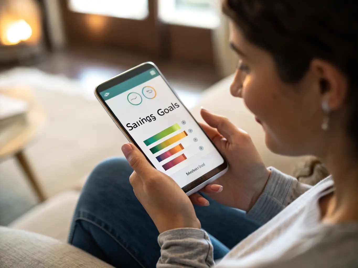 A person using a savings goal calculator on a smartphone, with a piggy bank and coins in the background. The calculator displays the progress towards a savings goal.