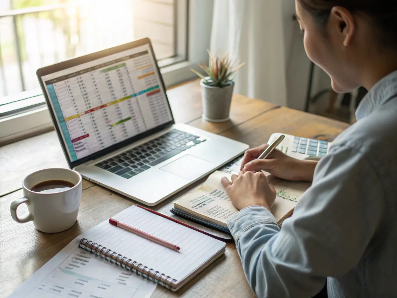 A person using a budget calculator on a laptop, with a cup of tea and a notebook nearby, in a brightly lit room. The calculator displays a simple budget breakdown with income and expenses.