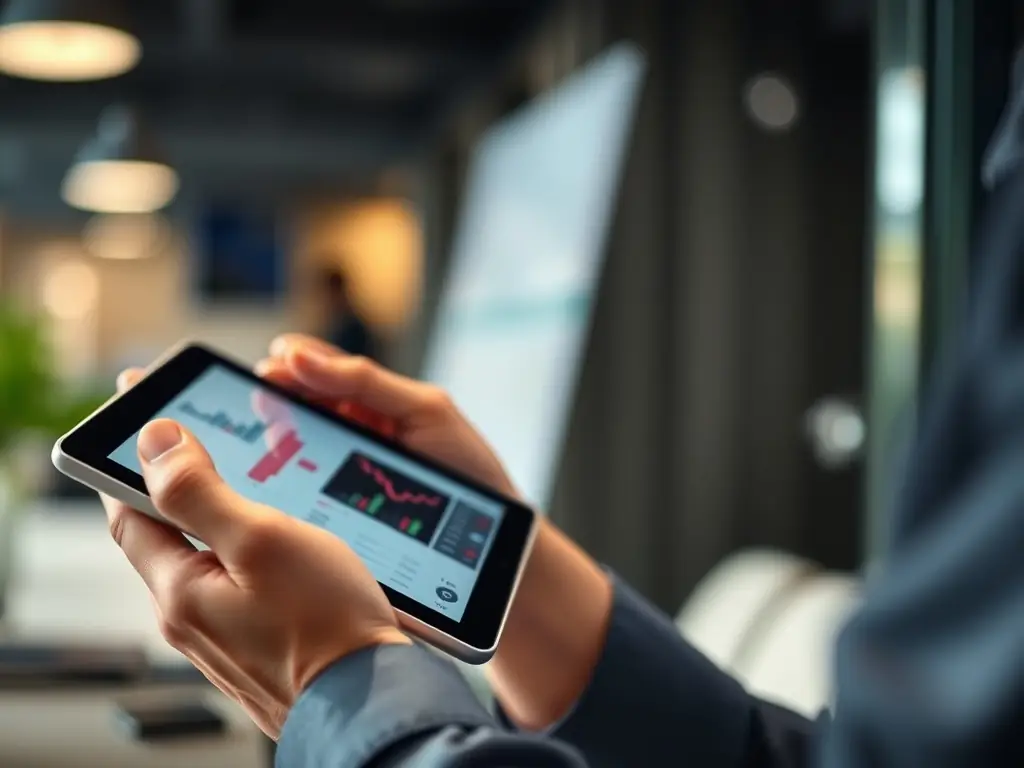A person reviewing an investment planning template on a tablet, with charts and graphs displayed on the screen. The person is smiling and appears confident.